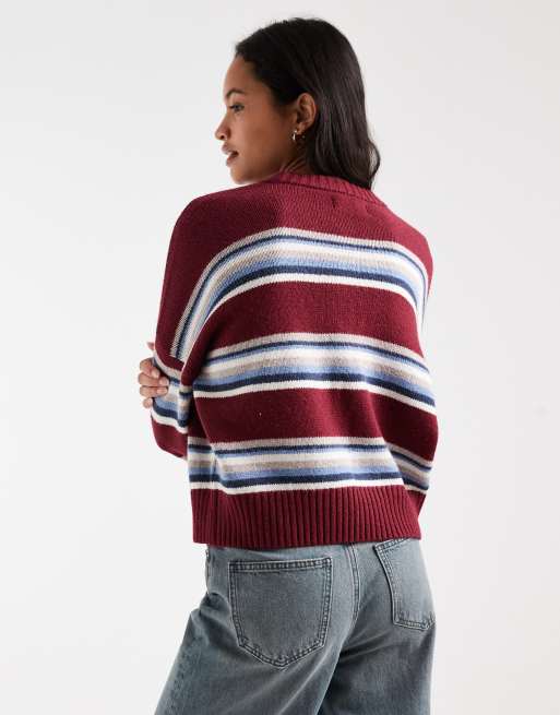Hollister knitted crew neck jumper in burgundy stripe, 3 of 4