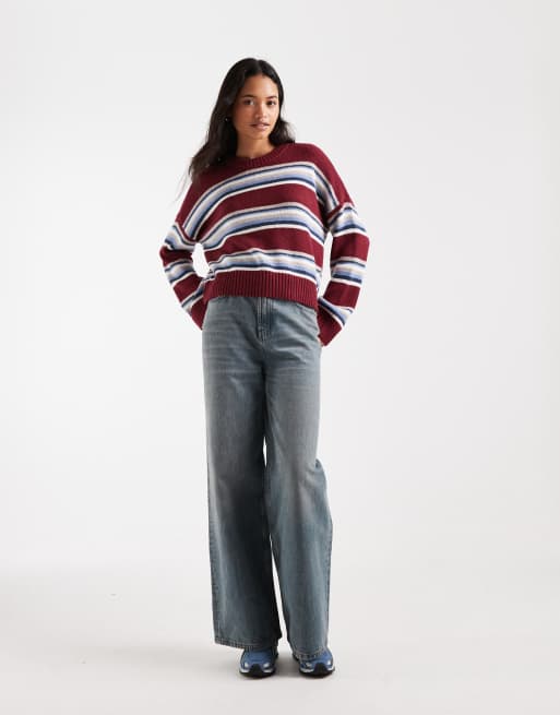 Hollister knitted crew neck jumper in burgundy stripe, 4 of 4