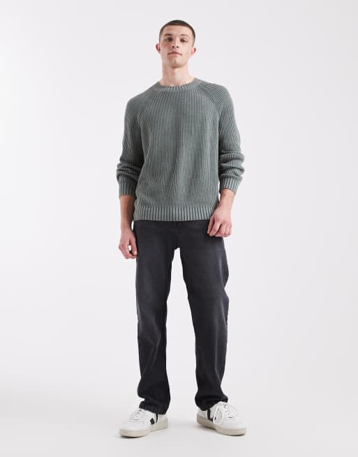 Hollister knitted fisherman jumper in washed green, 2 of 5