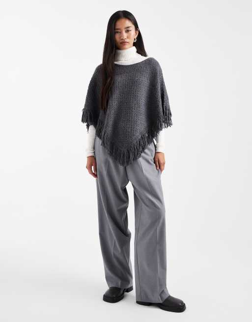 Hollister knitted fringe detail poncho in dark grey, 3 of 4