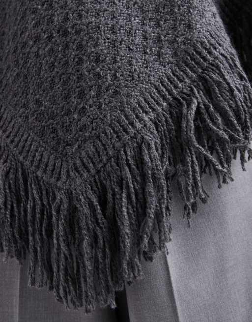 Hollister knitted fringe detail poncho in dark grey, 4 of 4
