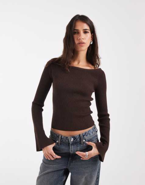 Hollister knitted off shoulder jumper in brown - view 1