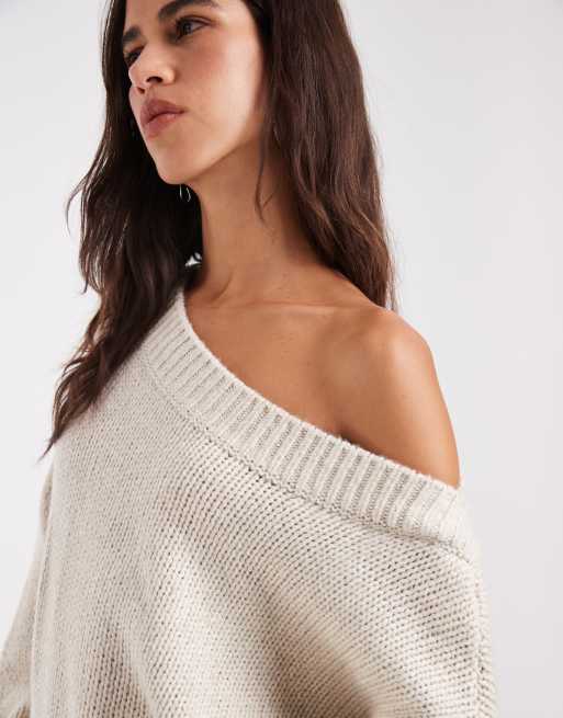 Hollister knitted off shoulder jumper in cream, 1 of 4