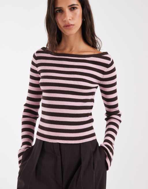 Hollister knitted off shoulder jumper in pink and brown stripe, 1 of 4