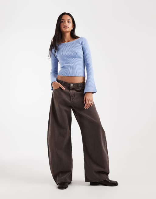 Hollister knitted off shoulder jumper with bell sleeves in blue, 3 of 4