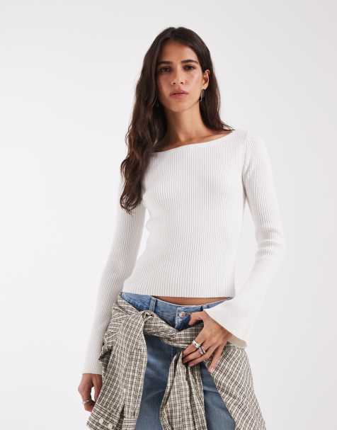 Hollister knitted off shoulder jumper with bell sleeves in white - view 1