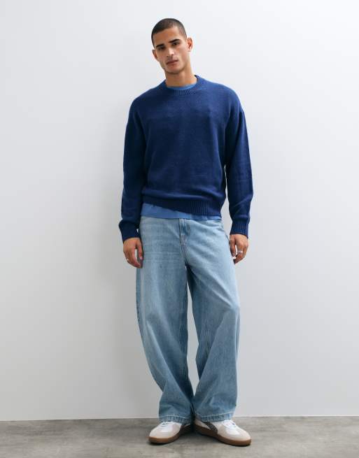 Hollister knitted oversized crew neck jumper in blue, 4 of 5