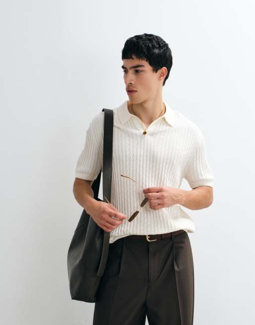 Hollister knitted oversized short sleeve polo in white stripe