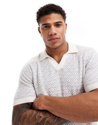 Hollister knitted polo in white and blueMulti