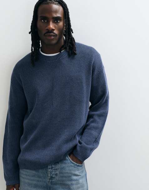 Hollister knitted ribbed crew neck jumper in navy - view 1