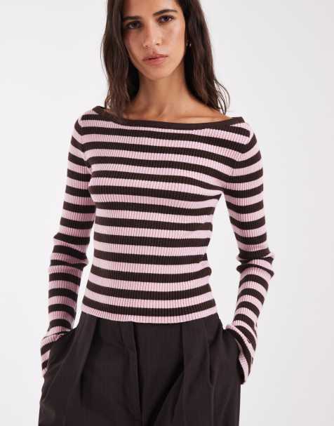 Hollister knitted slack neck jumper in pink and brown stripe - view 1