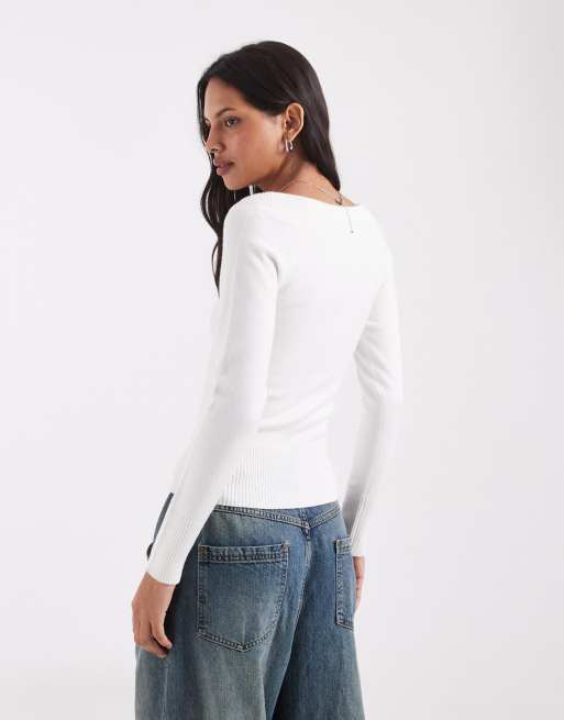 Hollister knitted slim off shoulder sweater in white, 4 of 4