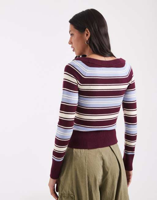 Hollister knitted slim off-the-shoulder sweater in multi stripe, 4 of 4