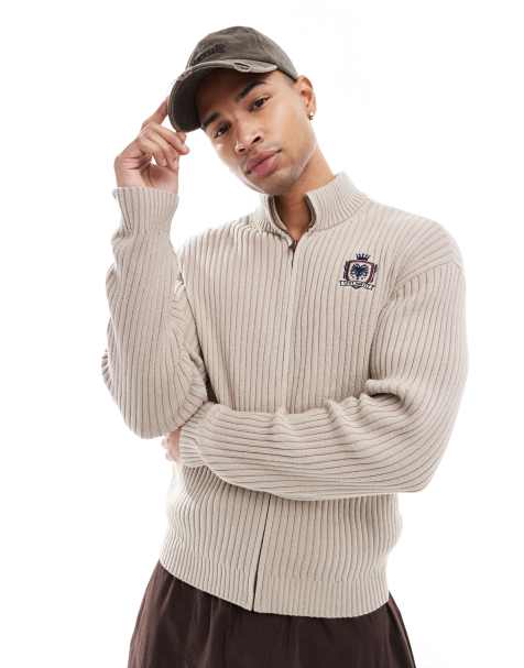 Hollister knitted zip through cardigan in beige - view 1