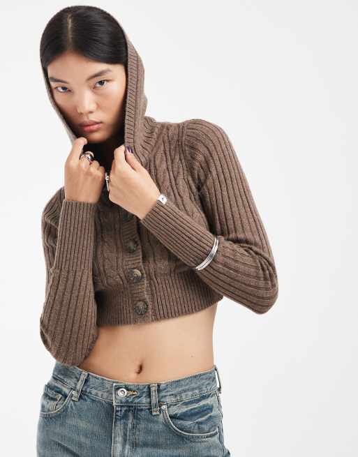 Hollister kort stickad kofta med huva i brun