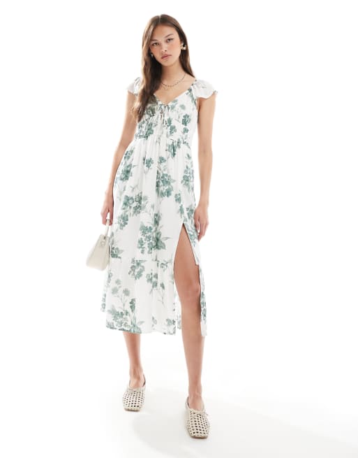 Hollister - Kortærmet milkmaid-midikjole med slids og grønt blomstermønster
