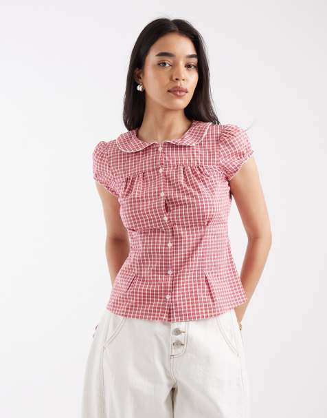 Hollister - Kortærmet skjorte med Peter Pan-krave og rødt gingham-tern - view 1