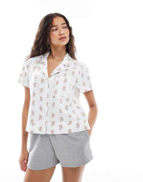 Hollister short sleeve button down pyjama shirt in teddy print