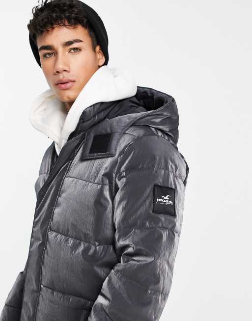 Hollister - Kraftig og iriserende hvid dyne-parka i longline-form med hætte, 3 af 4