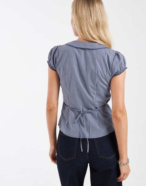Hollister kurzärmeliges Babydoll-Hemd in blau kariert, 4 von 4