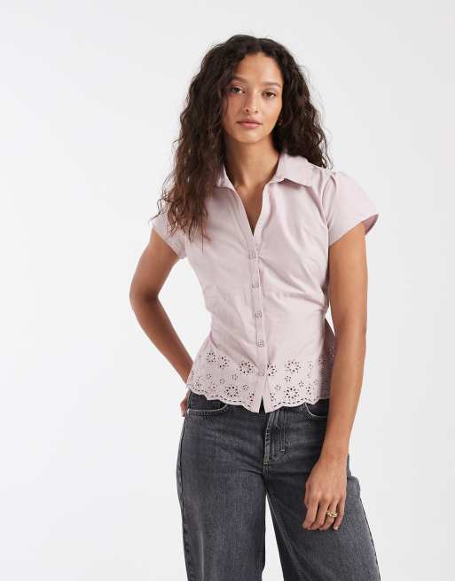 Hollister – Kurzärmlige Boho-Hemdbluse in Staubrosa mit Stickerei