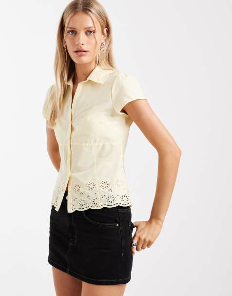 Hollister – Kurzärmlige Hemdbluse in Gelb mit Stickerei - view 1