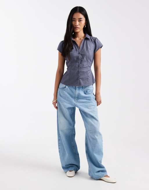 Hollister – Kurzärmlige Hemdbluse in Marineblau und Schleifengürtel, 2 von 4