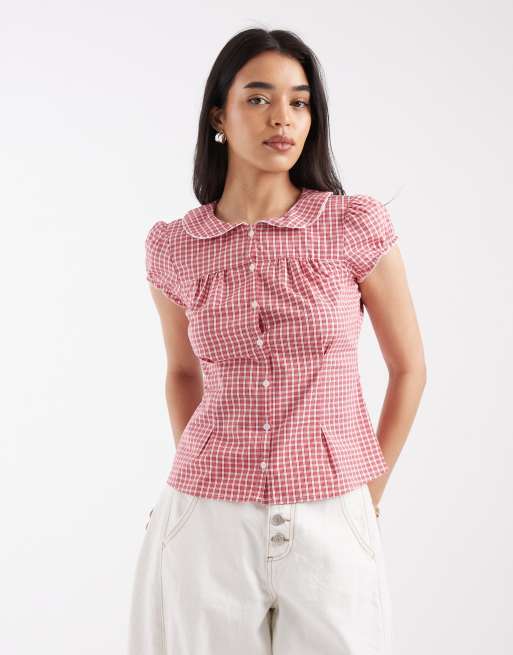 Hollister – Kurzärmlige Hemdbluse in Rot mit Vichy-Karo und Bubikragen