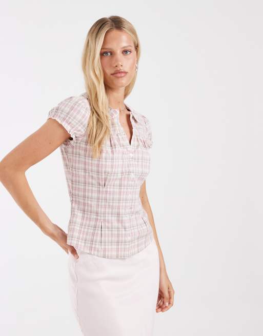 Hollister kurzärmliges Babydoll-Hemd in hellbraunem Karomuster, 3 von 4