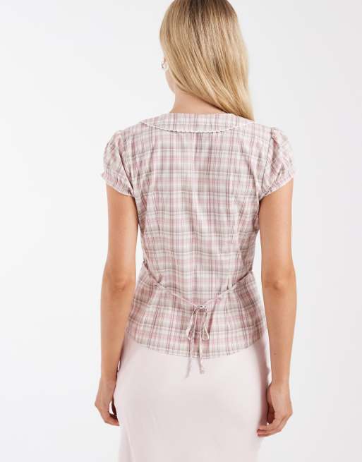 Hollister kurzärmliges Babydoll-Hemd in hellbraunem Karomuster, 4 von 4