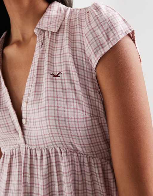 Hollister kurzärmliges Babydoll-Hemd in rosa kariert, 3 von 4