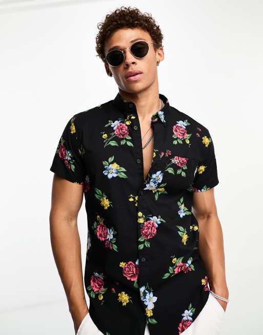 Hollister Kurzarmliges Hemd in Schwarz mit Blumenmuster ASOS