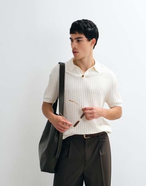 Hollister – Kurzärmliges Oversize-Polohemd aus Strick in Weiß gestreift - view 1