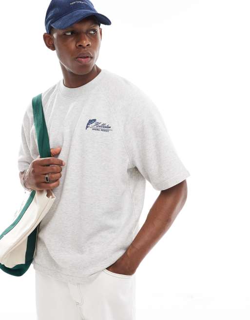 Hollister – Kurzärmliges Oversize-Sweatshirt in Grau meliert aus Frottee mit Logo