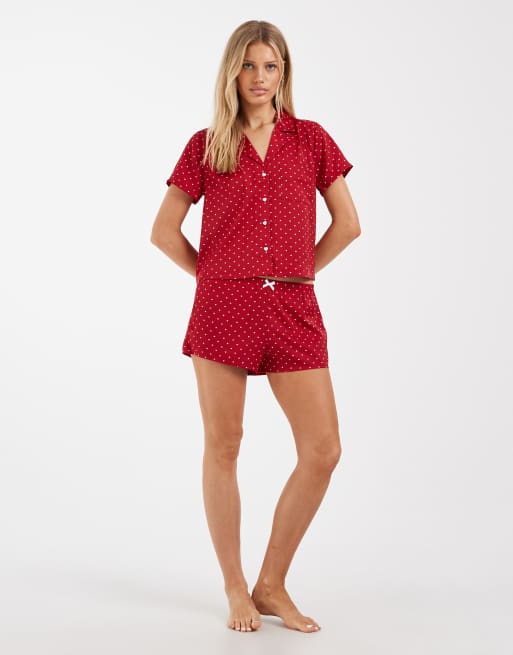 Hollister – Kurzärmliges Pyjamahemd in Rot mit Herz-Polka-Dot-Muster, Kombiteil, 2 von 4