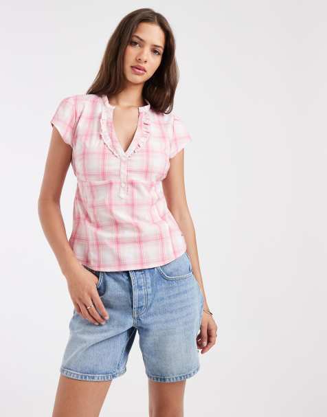 Hollister – Kurzärmliges, tailliertes Henley-Hemd mit rosa Schottenkaro - view 1