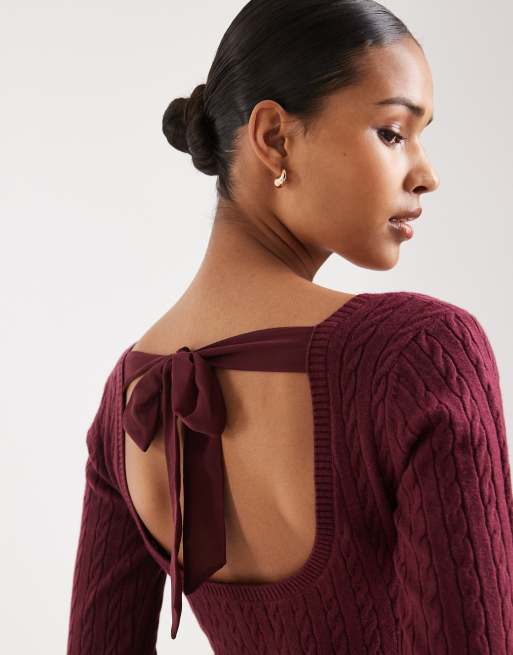 Hollister – Kurzes Babydoll-Pulloverkleid in Burgunderrot mit Bindedetail am Rücken, 3 von 4