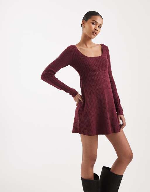 Hollister – Kurzes Babydoll-Pulloverkleid in Burgunderrot mit Bindedetail am Rücken, 4 von 4