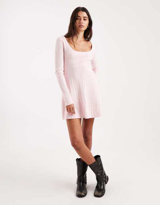 Hollister – Kurzes Babydoll-Pulloverkleid in Rosa mit Bindedetail am Rücken, 4 von 4