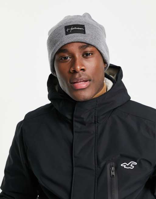 Hollister label logo rib knit beanie in grey | ASOS