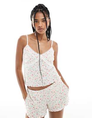 Hollister Hollister lace pointelle cami and low rise shorts pyjama set in fruit print-Multi