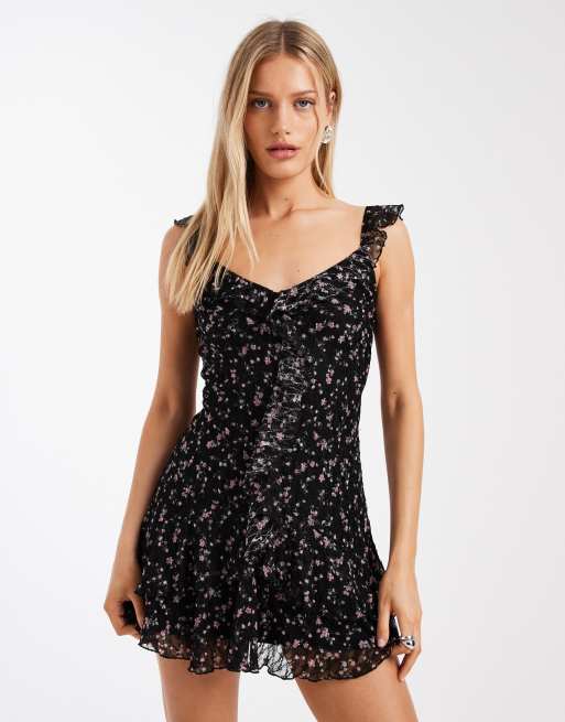Hollister lace ruffle mini dress in black floral