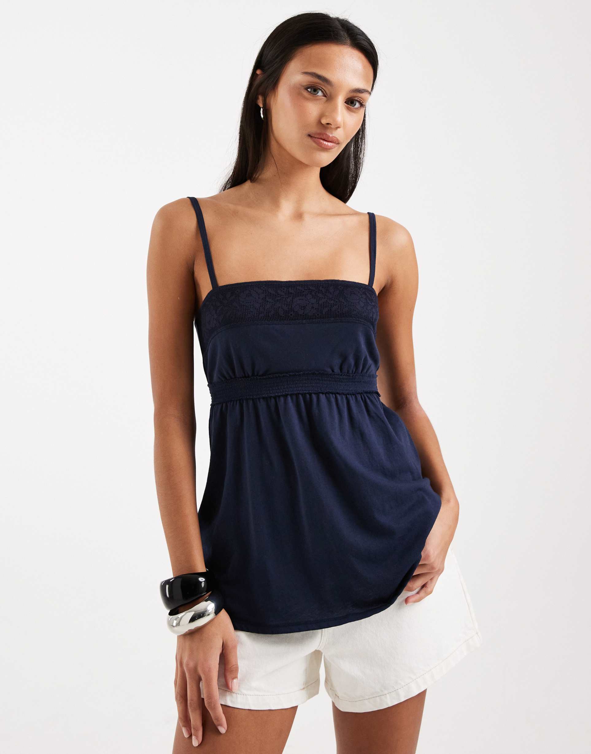 hollister lace trim babydoll cami in navy