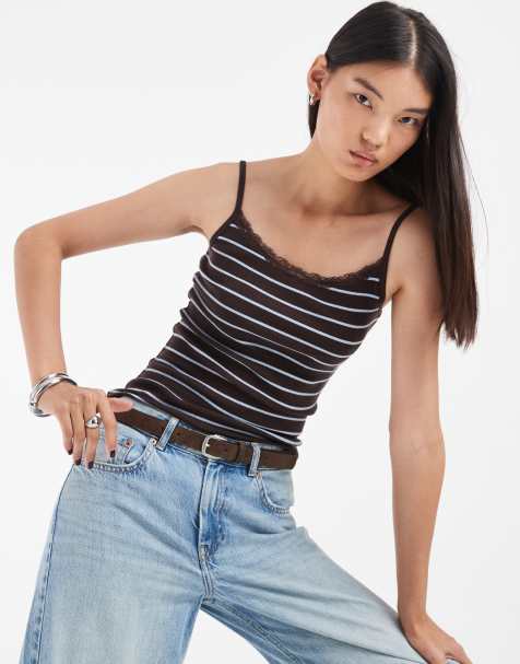Hollister lace trim cami in blue and brown stripe - view 1