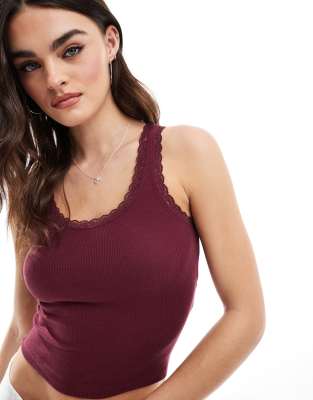Hollister Hollister lace trim cami top in burgundy-Red