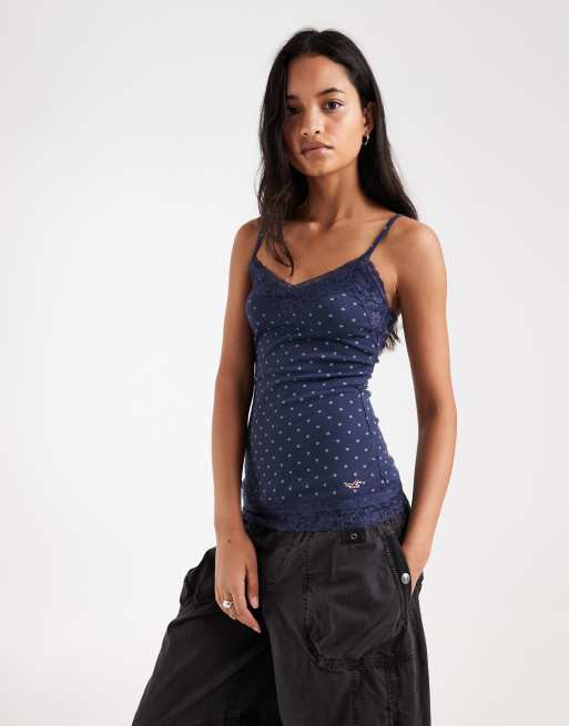 Hollister lace trim cami top in navy polka dot, 1 of 4