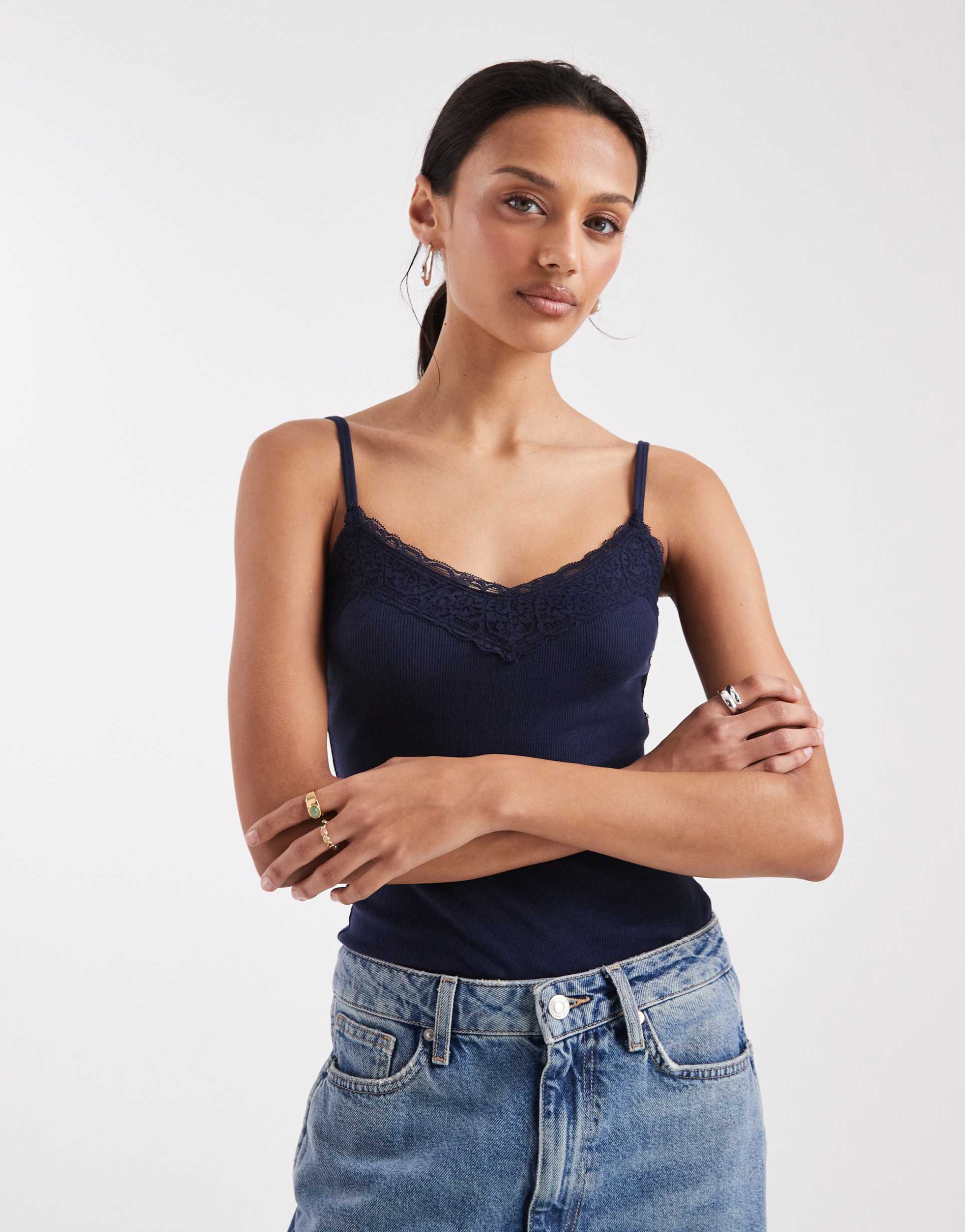 hollister lace trim cami top in navy