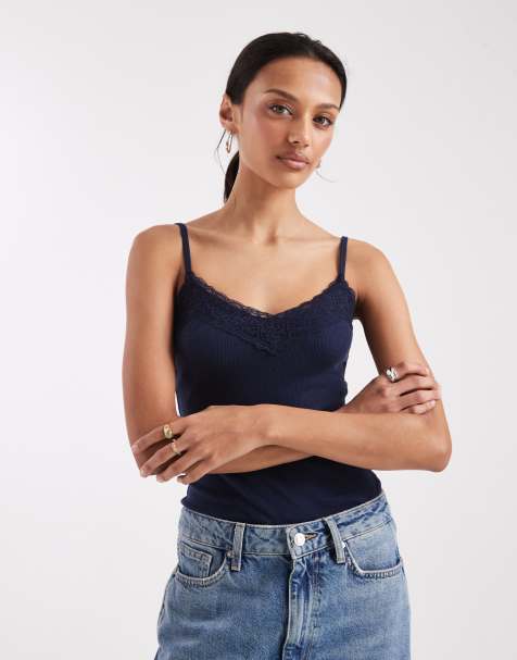 Hollister lace trim cami top in navy