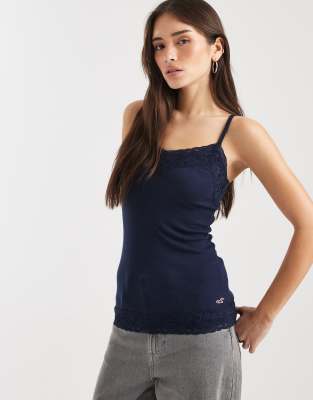 Hollister lace trim cami top in navy