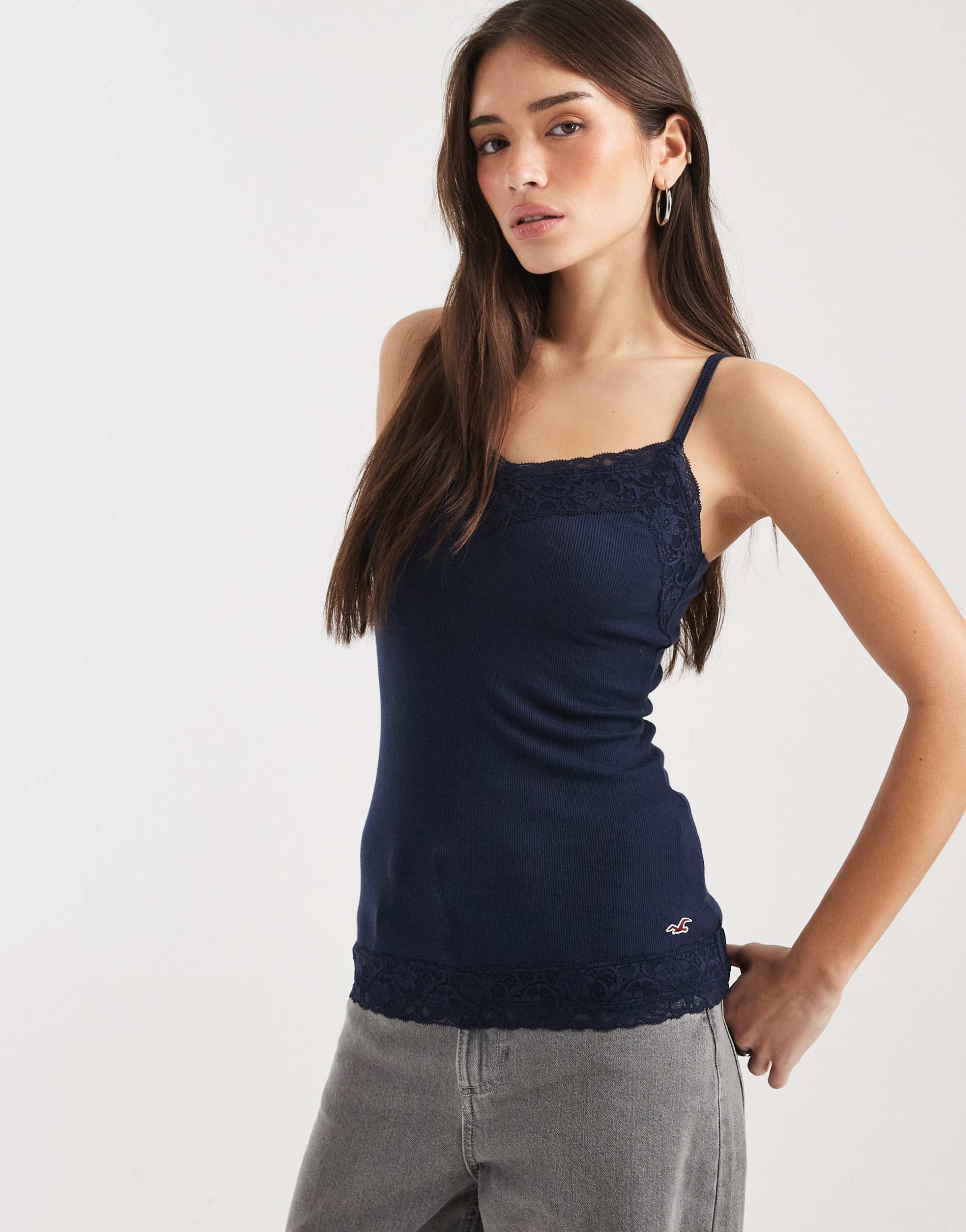 hollister lace trim cami top in navy